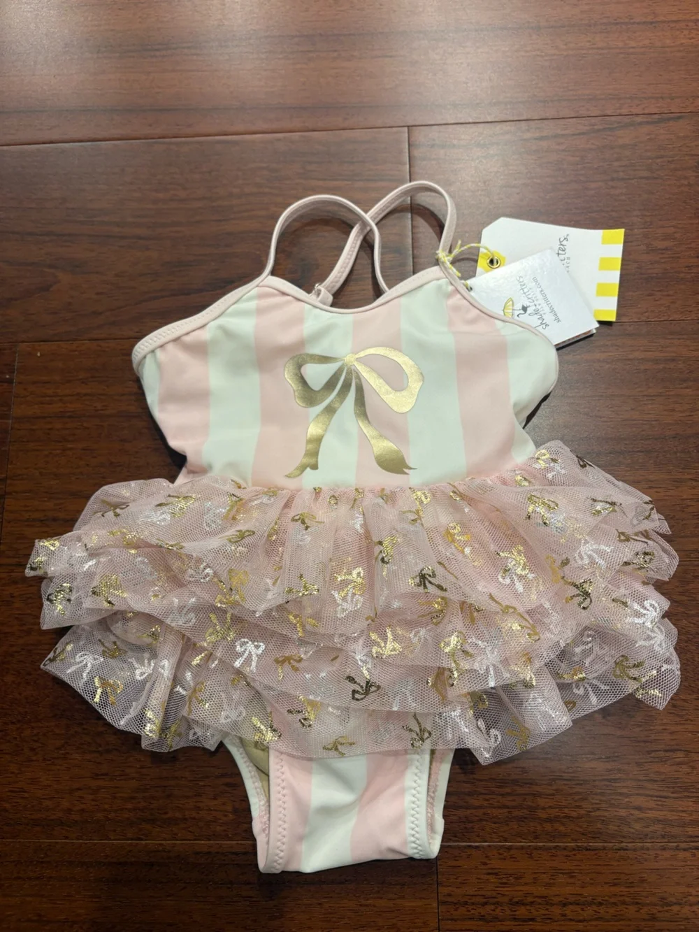 Pink & White Striped Tutu One-Piece Bodysuit with Gold Bow Accent